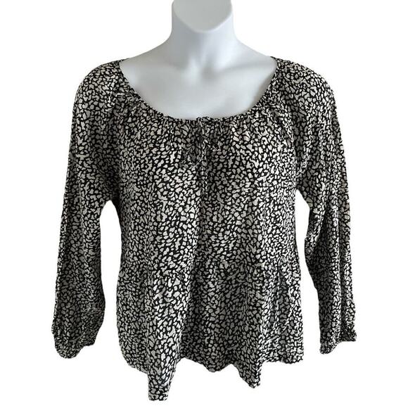 GAP Women's Tie Front Peplum Top Long Sleeve Black White Animal Print Sz Large - Picture 1 of 9